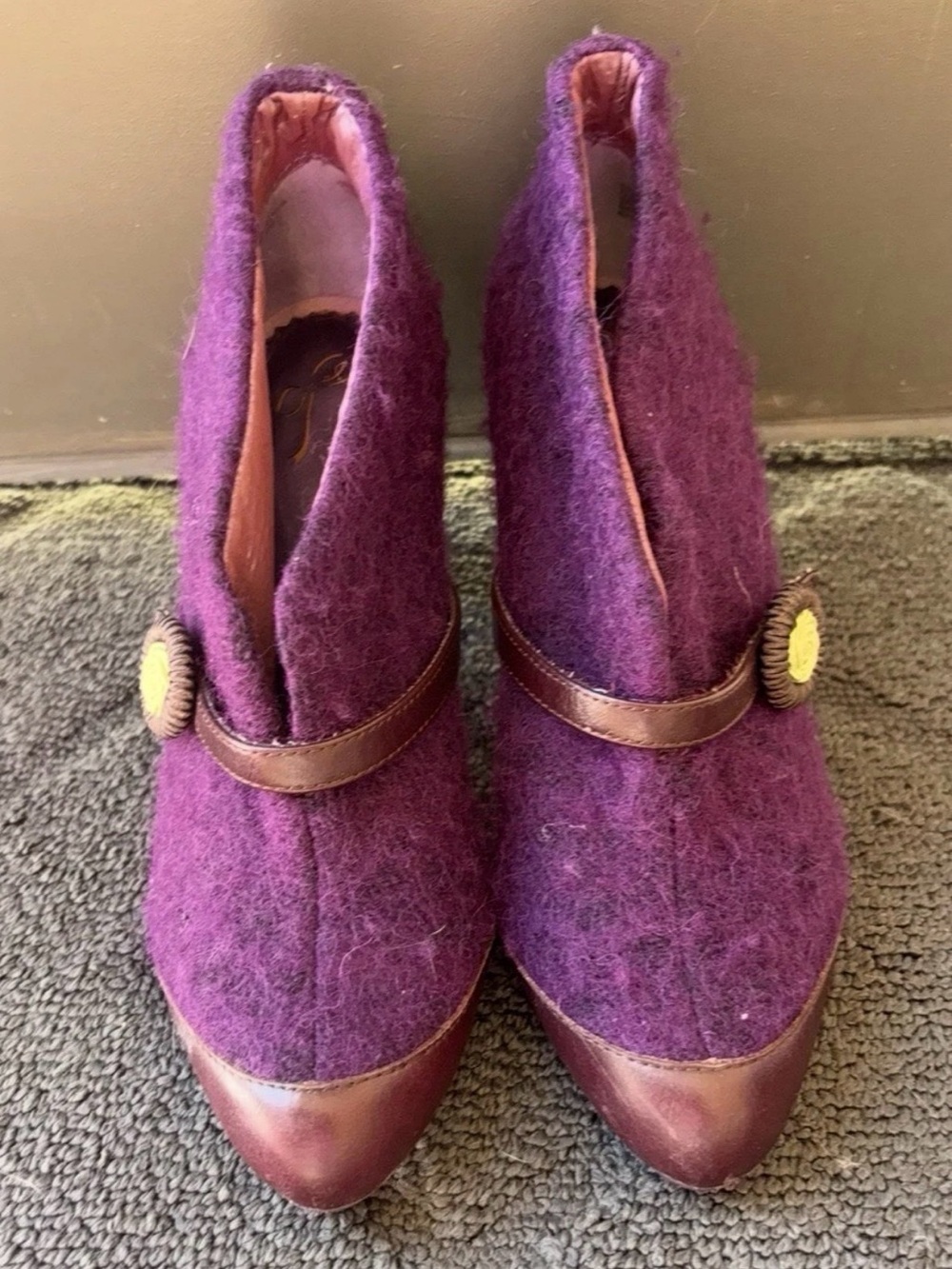 Poetic License Purple Wool-Blend Ankle Booties with Brown Leather Trim